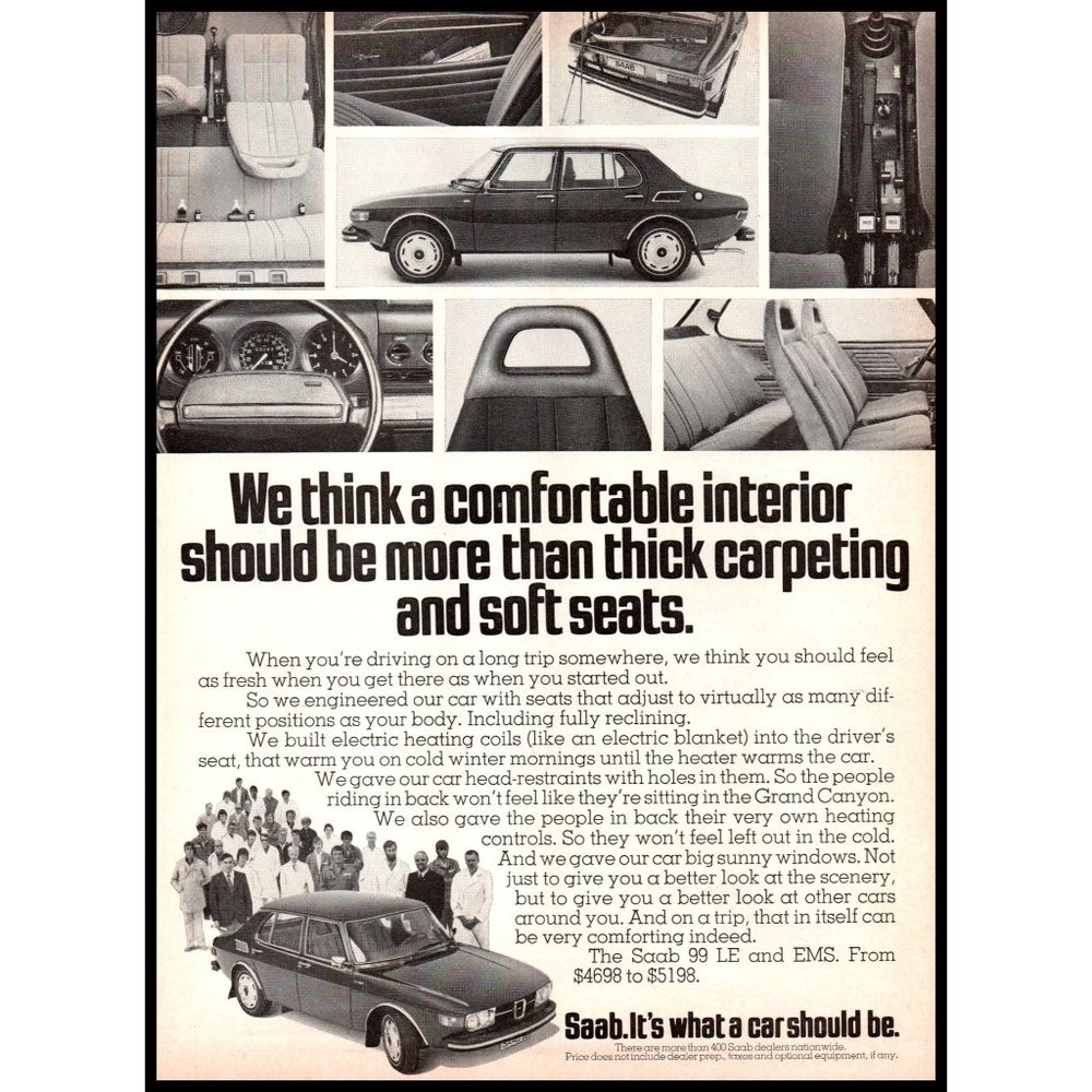 1974 Saab 99 LE EMS Sedan Vintage Print Ad Interior Seats Dash Wall Art Photo